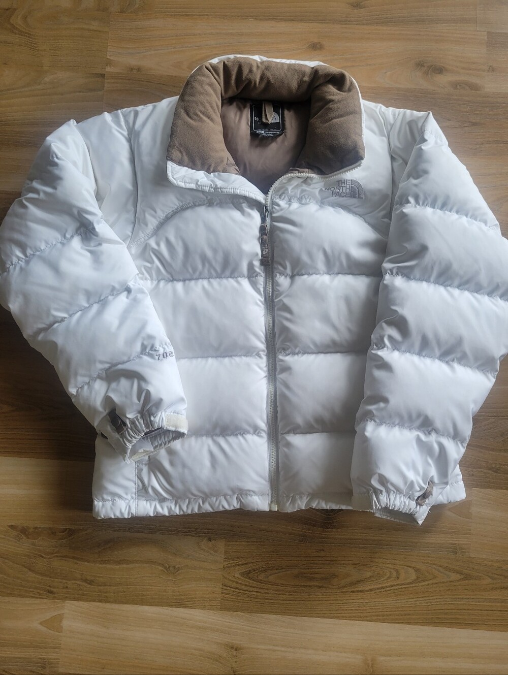 The North Face White Puffer Jacket with Brown Collar